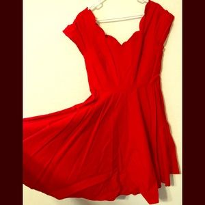 Red scalloped off shoulder swing dress